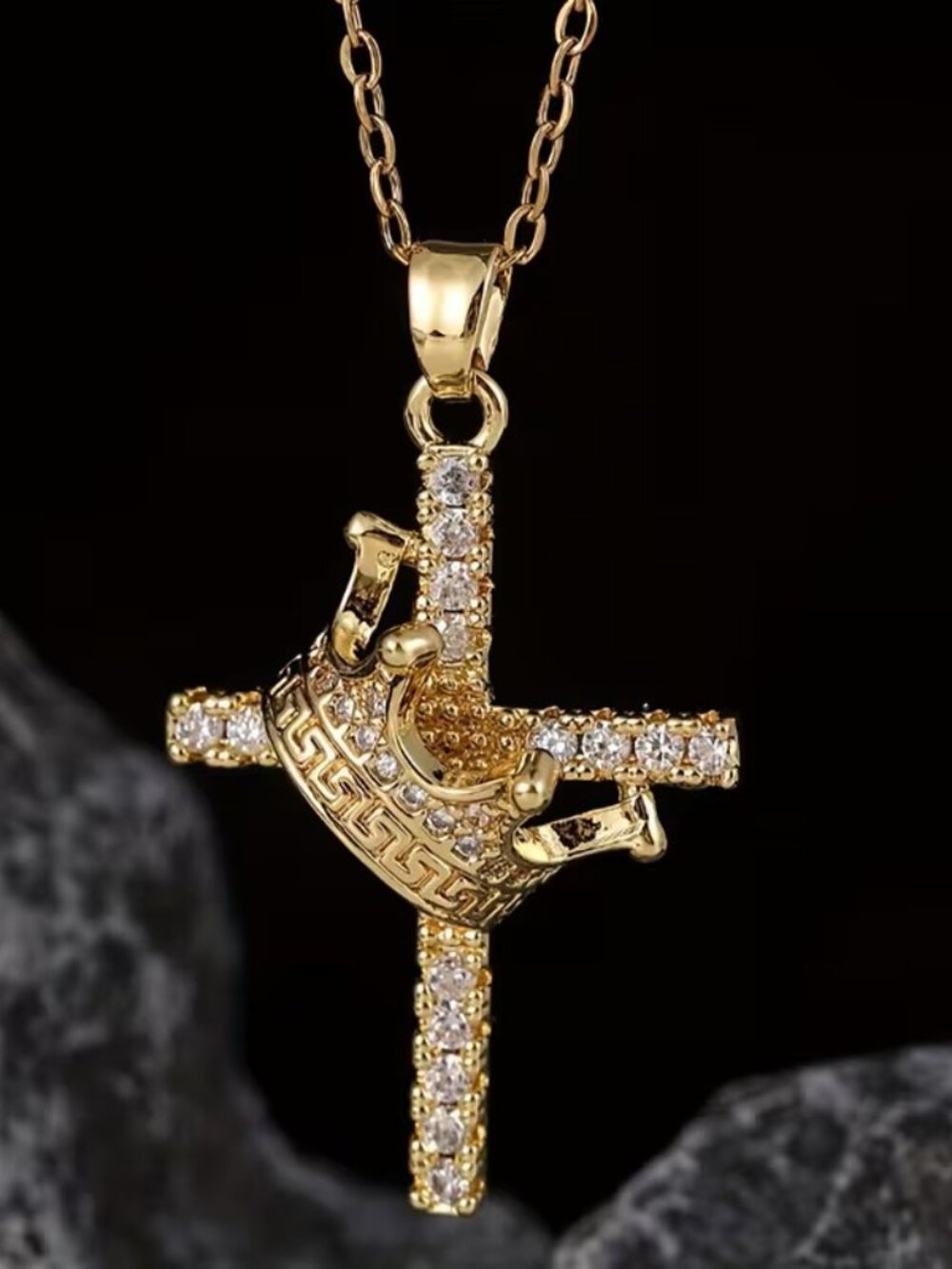Jesus Cross Crown of Thorns Pendant Necklace Bling Hip Hop Christian Gift